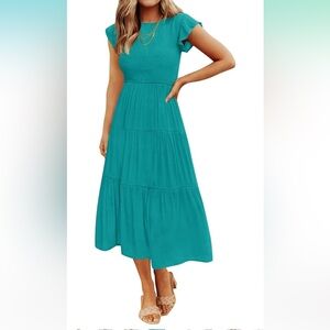 NEW • Flutter Sleeve Smocked Waist Midi Dress • Women’s Medium in Color Peacock🍉